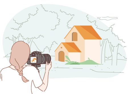 ilustracin de fotografo haciendo fotos a una casa rural