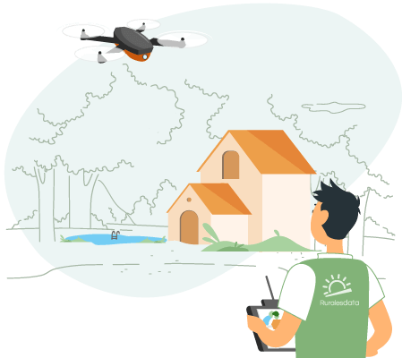 ilustración piloto fotografiando con su dron una casa rural